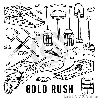 California gold rush vector hand drawn vintage outline graphic set. Historical gold mining tools Vector Illustration